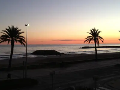 a sunset on the beach with palm trees at Apartamento Primera Linea de Mar, Cunit in Cunit