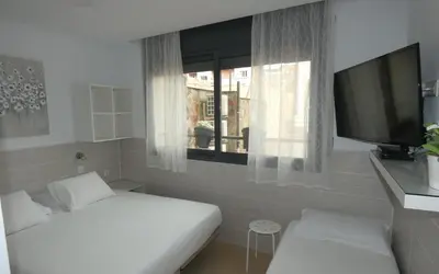 a room with a bed and a tv and a window at Hostal House in Barcelona