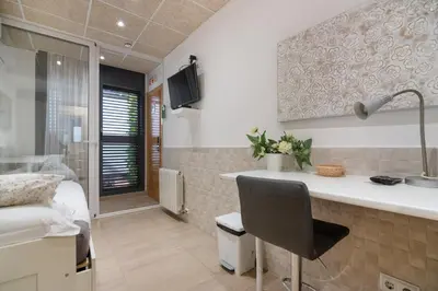 a bathroom with a sink and a bed in a room at Hostal House in Barcelona