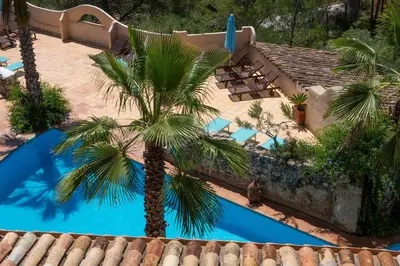 an overhead view of a swimming pool with a palm tree at Casa La Premsa at Masia Nur Sitges, Adults only in Canyelles