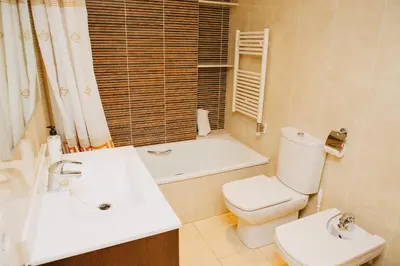 a bathroom with a sink and a toilet and a tub at Apartamentos Navas in Barcelona