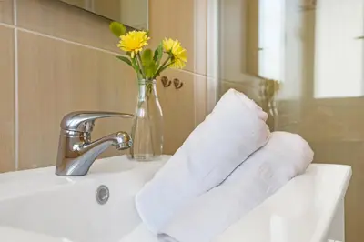 a bathroom sink with towels and a vase with flowers at Stay U-nique Apartments Sicília in Barcelona
