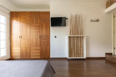 a bedroom with a bed and a tv and wooden cabinets at Alos Apartments Paseo de Gracia-Diagonal in Barcelona