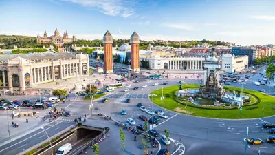 an aerial view of a city with a street at RamblasRentals Design Renovated Apartment AC Balcony10m Ramblas - Parking - Wifi in Barcelona