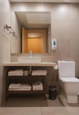 a bathroom with a sink and a toilet and a mirror at Apartments Hotel Sant Pau in Barcelona