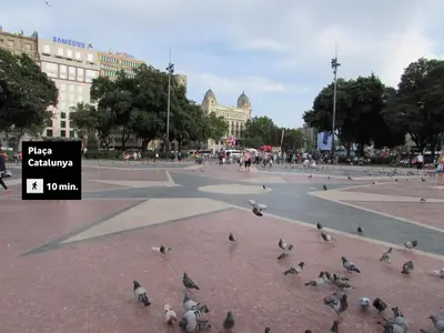 a flock of pigeons standing in a plaza at Pensió Cerdanya in Barcelona