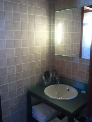 a bathroom with a sink and a mirror at Can Vilafort in Collsuspina
