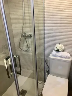 a bathroom with a shower and a toilet with flowers on it at Vilamarlux IV in Vilassar de Mar