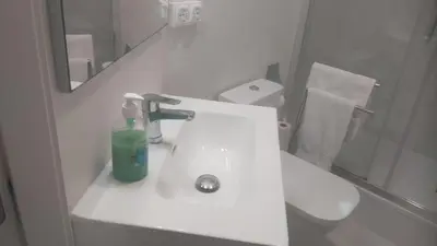 a bathroom with a sink with a bottle of soap at Chopin Magic Fountain in Barcelona