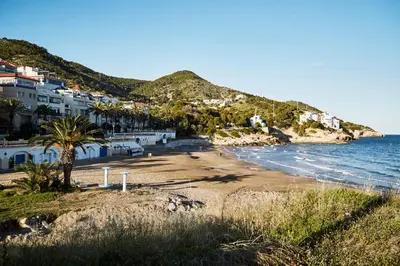 a view of a beach with houses and the ocean at Vinyet Sitges in Sitges