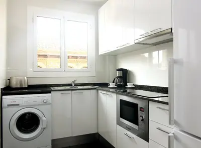 a white kitchen with a sink and a washing machine at RIUS - Apartments & one Penthouse with private terrace in Montjuic in Barcelona