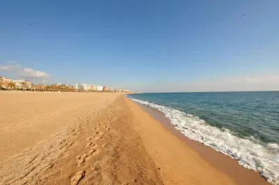 a beach with footprints in the sand and the ocean at HomeHolidaysRentals Elodie in Calella