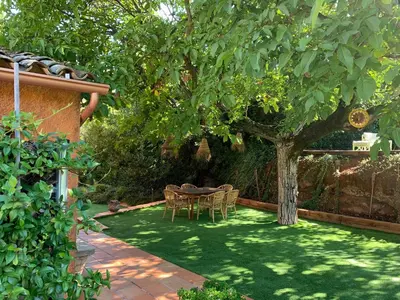 a garden with a table and chairs under a tree at Cal Secretari in Rellinars