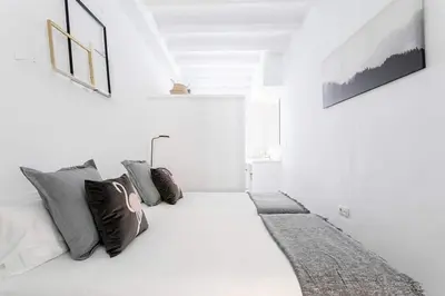 a white room with a bed with pillows on it at Exquisite&historic Flat With Rooftop in Barcelona