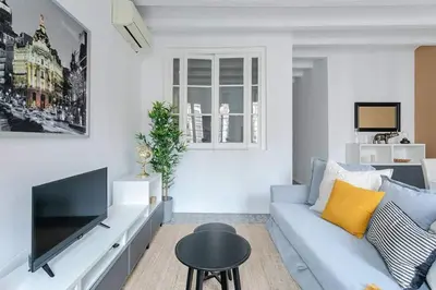 a living room with a couch and a tv at Exquisite&historic Flat With Rooftop in Barcelona