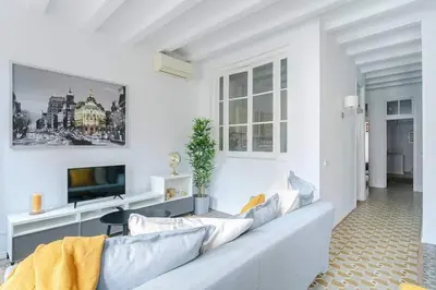 a white living room with a couch and a tv at Exquisite&historic Flat With Rooftop in Barcelona