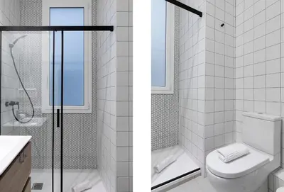 two pictures of a bathroom with a toilet and a shower at AB Centric Universitat in Barcelona