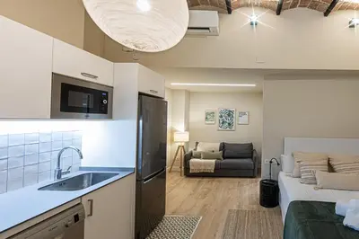 a kitchen with a sink and a living room with a couch at Barcelona Touch Apartments - Campalans in Hospitalet de Llobregat