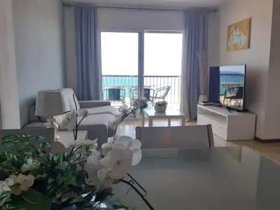 a living room with a couch and a table with flowers at Suitur apartamento primera linea mar vistas playa in Canet de Mar
