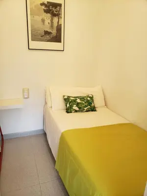 a small room with a bed and a picture on the wall at Apart.3 habit.mar-mont. AC-Terraza-ascensor-parking in Calella