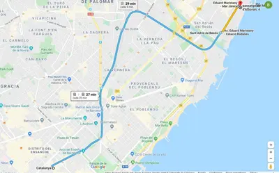 a map with a blue and yellow line at Apartamento Bea Beach in Badalona