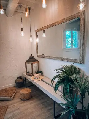 a room with a table and a mirror and a plant at Suite con Burbuja in Canyelles