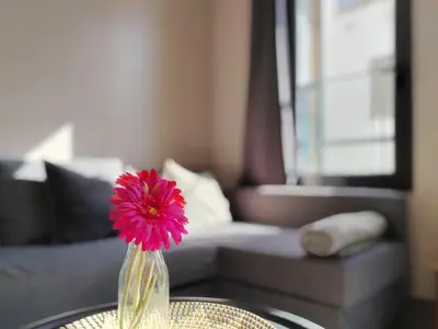 a vase with a pink flower sitting on a table at Bo&Co Apartments in Sitges