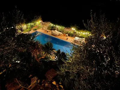 an overhead view of a swimming pool at night at Cal Mestre Casa Rural in Avinyonet