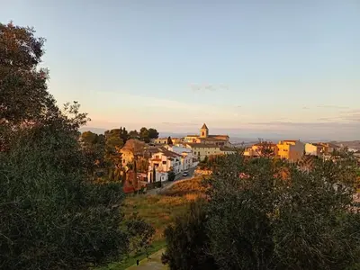 a view of a town with a church in the distance at Cal Mestre Casa Rural in Avinyonet
