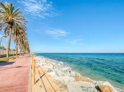 a beach with palm trees next to the ocean at Can Mabi, 30' Bcn next beach in Vilassar de Mar