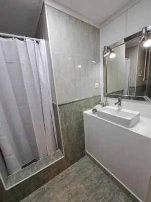 a bathroom with a sink and a shower with a mirror at Barcelona Central Apartments in Barcelona