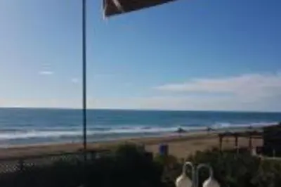 a view of a beach with two sheep looking at the ocean at Lovely Sea view Apartment in Gava in Gavà