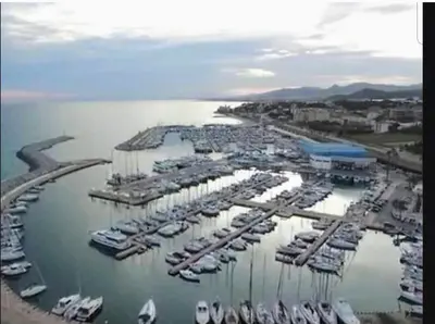 an aerial view of a marina with boats in the water at Apartment Llavaneres I in Sant Andreu de Llavaneres