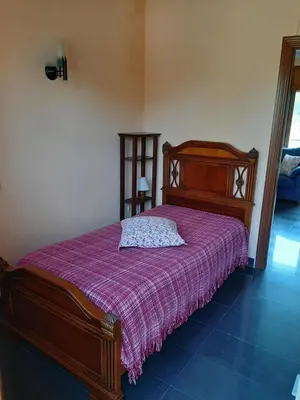 a bedroom with a wooden bed with a purple blanket at Habitaciones en Villa Coliving Casa Rural in San Fausto de Campcentellas