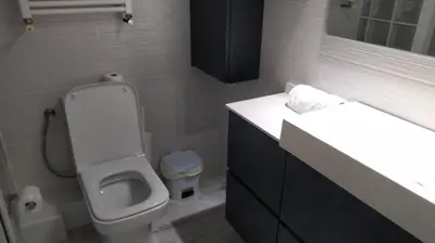 a bathroom with a toilet and a sink and a mirror at Beachfront Apartment with Sea Views & Private Parking in San Pol de Mar