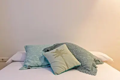 a bed with two pillows with a palm tree pillow at Tata's House, junto playa y Barcelona Centro in Masnou