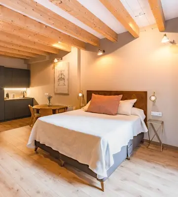 a bedroom with a large bed and wooden ceilings at PassiveRooms in Vilanova i la Geltrú