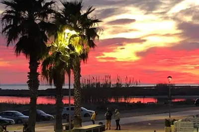 a sunset at the beach with palm trees at Apartamento para 5 personas frente al mar con piscina y parking in Cubelles