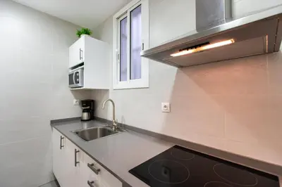 a kitchen with a sink and a microwave at Pere Serafi 2 bedroom apartment in Barcelona