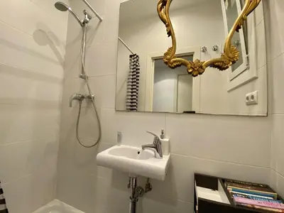 a bathroom with a sink and a mirror and a shower at Sant antoni apartment in Barcelona