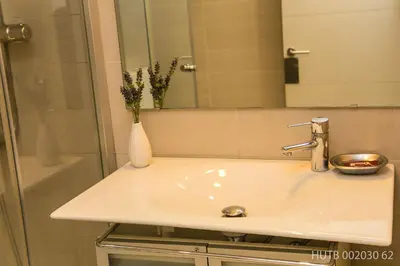 a bathroom sink with a shower and a mirror at Alcam Molino in Barcelona