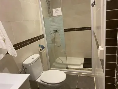 a small bathroom with a toilet and a shower at Hostal Granvia 628 in Barcelona