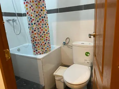 a bathroom with a toilet and a shower curtain at Hostal Granvia 628 in Barcelona