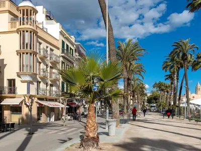 a palm tree on a city street with buildings at Apartment Primer de Maig by Interhome in Sitges
