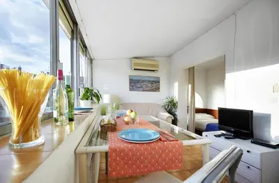 a living room with a table and a television at Apartamentos Calvet in Barcelona
