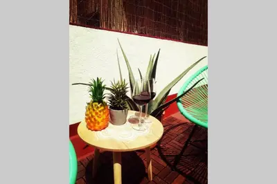 a table with a pineapple and plants on a patio at M1 Cool Loft 1 min walk to metro 15 min center by metro in Esplugues de Llobregat