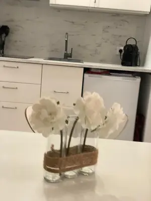 a vase with flowers on a table in a kitchen at Àtico lumineux à 10 min du centre ville in Hospitalet de Llobregat