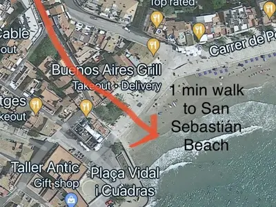 a map of a beach with a red arrow at Sitges Spaces Deluxe Beach Apartment- 3 Bedroom, 2 Bathroom, Next to Beach, Sleeps 6 in Sitges