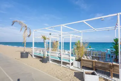 a sidewalk with palm trees on the beach at HomeHolidaysRentals Margot - Costa Barcelona in Pineda de Mar