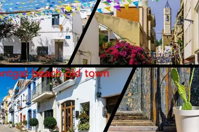 a collage of photos of a street with flowers and buildings at Casa grande y céntrica con piscina en zona peatonal in Montgat